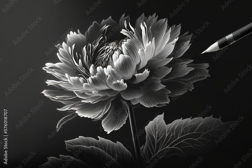 Close up black and white pen drawing of a beautiful flower. Generative AI illustration