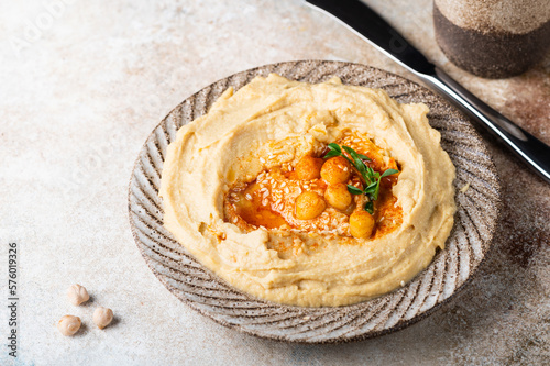 Hummus with crispbread. Healthy snack. Vegetarian food. Chickpea hummus photo