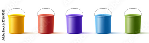 Set of realistic colored open empty buckets with handle. Modern plastic buckets for packaging and label design of building materials, food products.