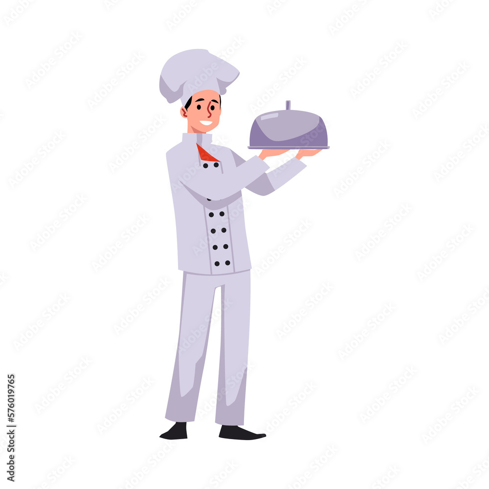 Male chef in uniform and hat presenting meal, flat vector illustration isolated on white background. Male chef in uniform and hat presenting meal, flat vector illustration isolated on white background.