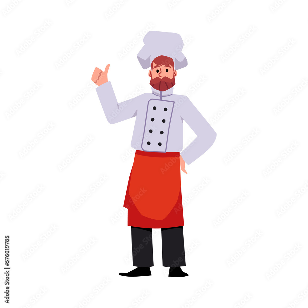 Cook chef in restaurant uniform with thumb up, flat vector illus Cook chef in restaurant uniform with thumb up, flat vector illus
