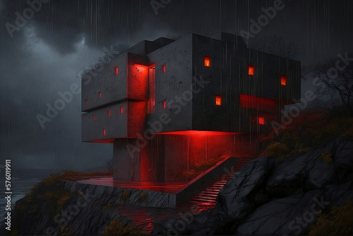 Haunted red light house on the hill. Generative AI. photo