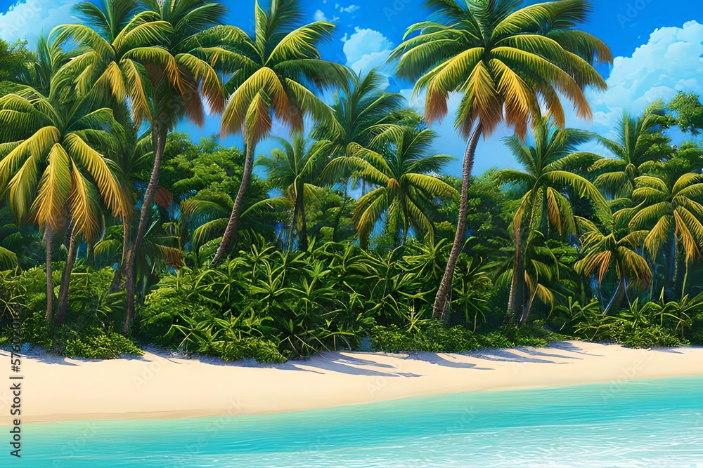 A lot of shining palms at a wonderful beach, anime painting,. Generative AI