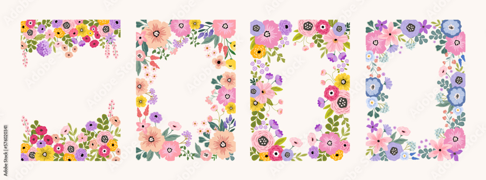 Summer spring vector vivid floral vector background, card, banner, invitation template with bright floral arrangement, flower frame. Elegant summer floral background isolated on white