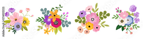 Vivid Flowers bouquet clipart, decorative vector hand drawn floral arrangement element for cards, banner, invitation design template