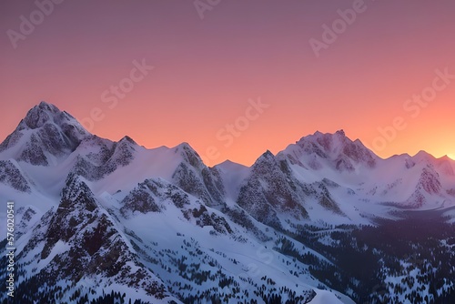 Alpine mountain peak landscape in beautiful pink sunset in winter. Generative AI