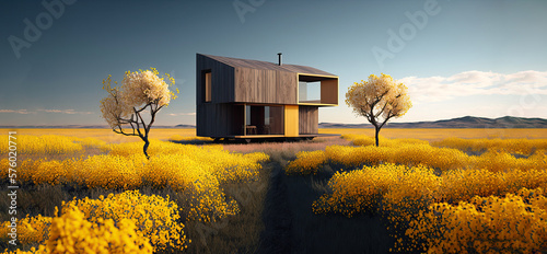 Wooden remote house in a beautiful landscape full of yellow flowers. Generative IA