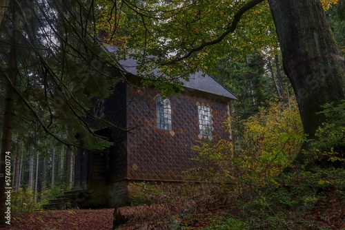 A little wooden chapel in the dark autumn forest near Neratov, Czech republic © Czech Made Photo