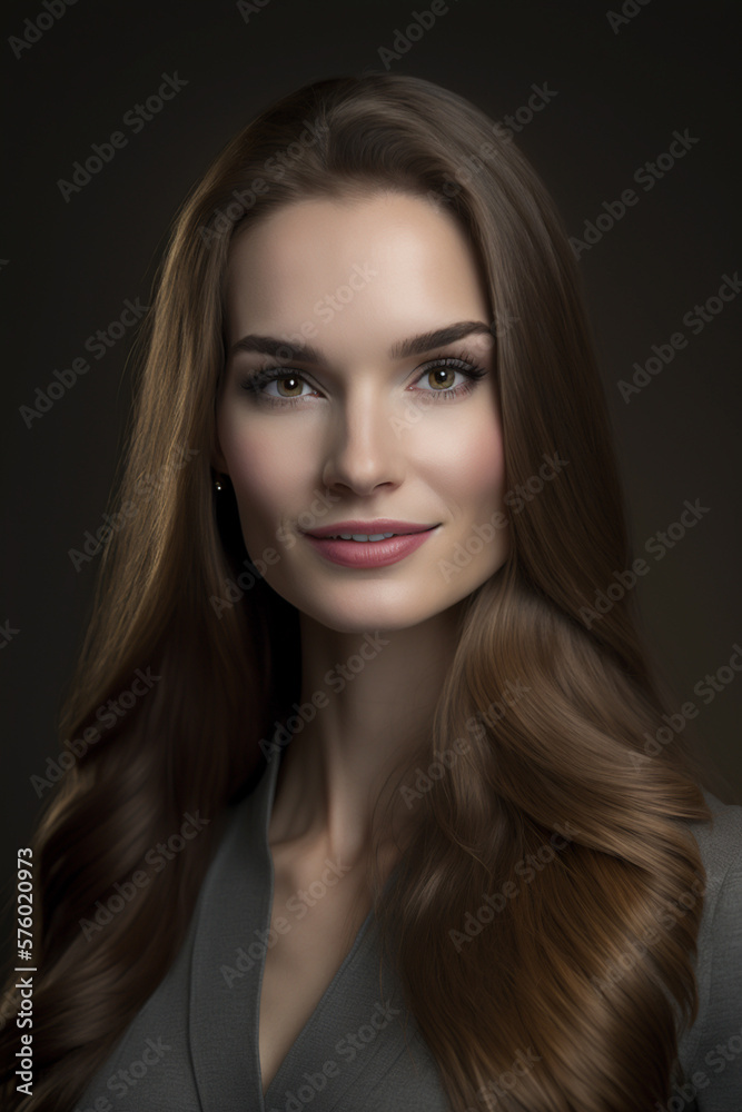 Captivating Portrait of a Young Businesswoman: Radiant Smile, Long Flowing Hair, Studio Shot, Against a Gray Isolated Background, generative ai art Captivating Portrait of a Young Businesswoman: Radiant Smile, Long Flowing Hair, Studio Shot, Against a Gray Isolated Background, generative ai art