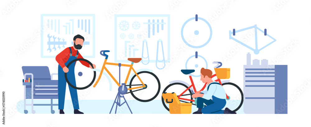 Bicycle repair shop. Bike workshop. Cycle maintenance. Men change wheel tires and chains. Repairman work in garage. Professional service. Serviceman with wrench and toolkit. Vector concept