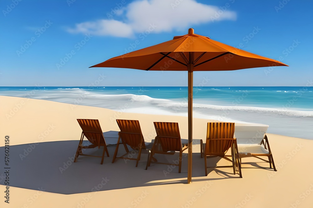Beach umbrella with chairs on beach sand. summer vacation concept. 3d rendering. Generative AI