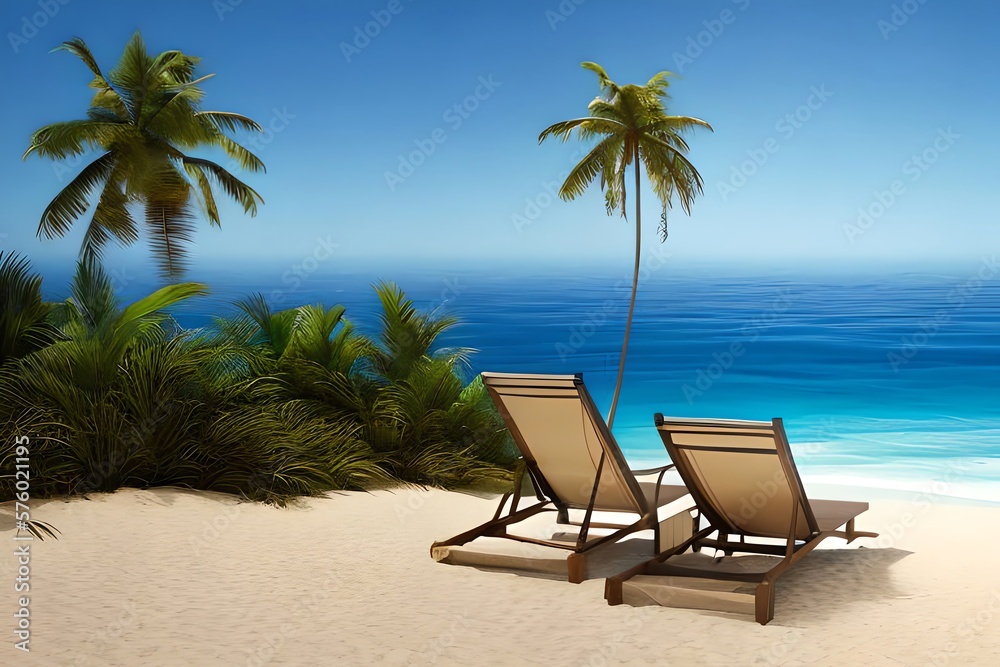 Beach vacation Concept with chair and blue sky. Generative AI
