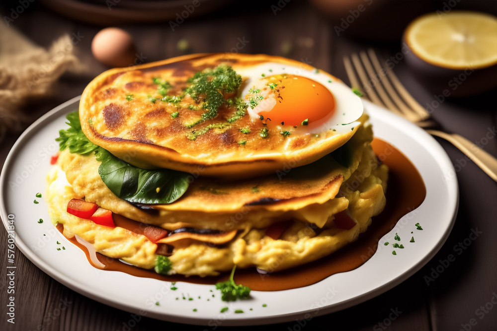 Omelette with a yellow sauce on a plate. Generative AI Omelette with a yellow sauce on a plate. Generative AI