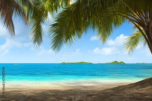 beautiful jungle beach lagoon view with palm trees and tropical leaves, can be used as background. Generative AI
