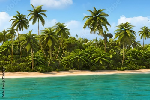beautiful jungle beach lagoon view with palm trees and tropical leaves  can be used as background. Generative AI