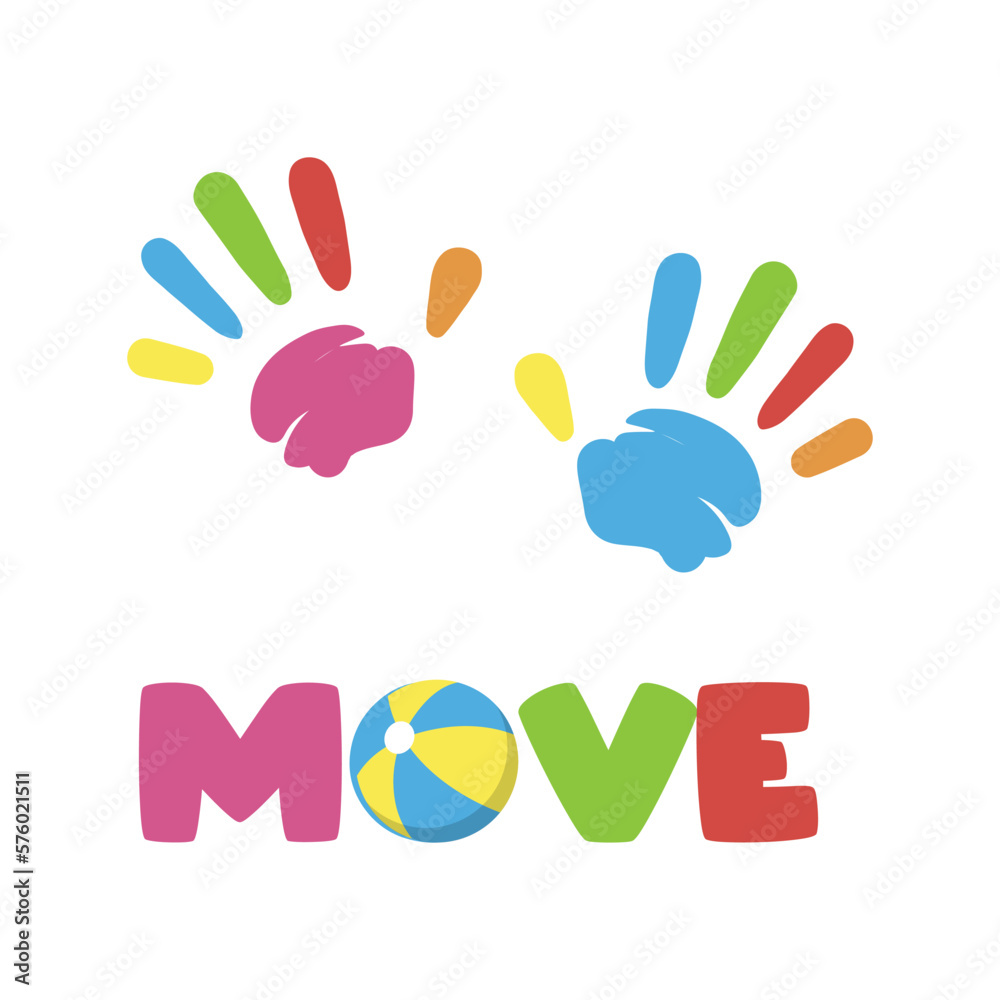 Fototapeta premium Logo. Kid's colorful handprints and word 