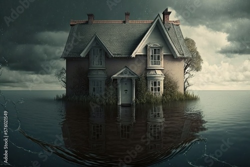 Floods and Natural disasters. House and apartment flooded.  Generative AI 