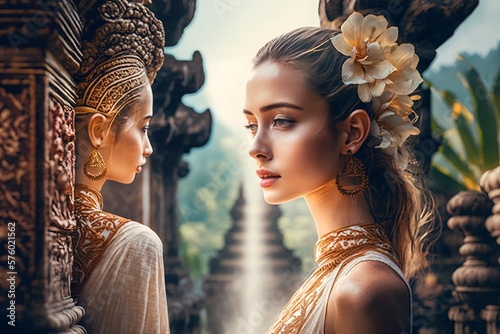 balinese women wear kebaya in bali temple, Generative AI