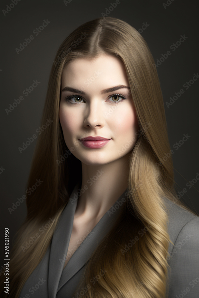 Stunning Portrait of a Young Businesswoman: A Radiant and Cheerful Lady with Long Hair, Captured in Studio against a Grey Background., generative ai art Stunning Portrait of a Young Businesswoman: A Radiant and Cheerful Lady with Long Hair, Captured in Studio against a Grey Background., generative ai art