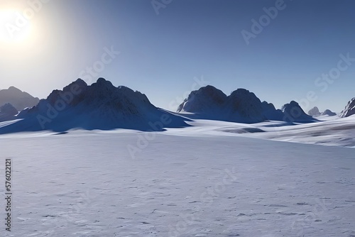 Desert landscape of cold planet, mountain landscape, snow. Fantasy cold landscape. Generative AI