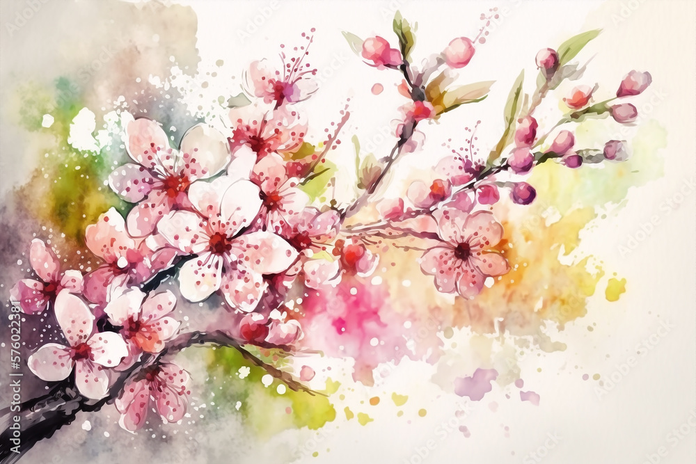 cherry blossom tree in a spring floral backgorund, pink and white palette, japanese mood, generative ai illustration