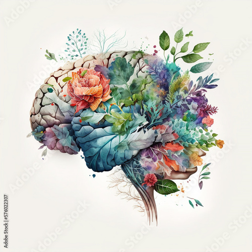 a human brain with flowers, plants and leaves, positive ideas and thoughts, generative ai illustration