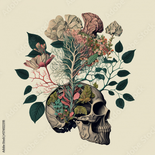a human anatomical  skull with floral design, representing positive ideas and optimism, generative ai illustration photo