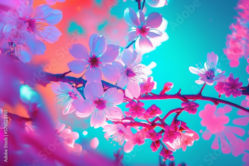 cherry blossom spring tree abstract background,neon vaporwave colors, generative ai illustration © aledesun