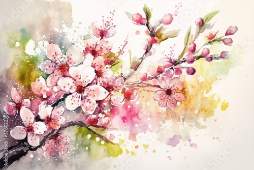 cherry blossom tree in a spring floral backgorund, pink and white palette, japanese mood, generative ai illustration