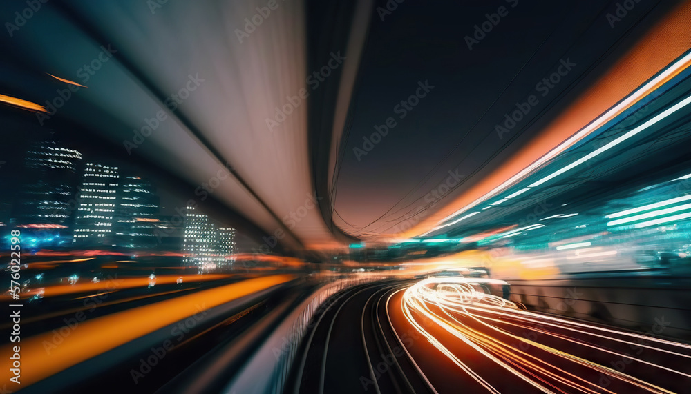 Fototapeta premium Futuristic high speed blurred light tail at night city. Based on Generative AI