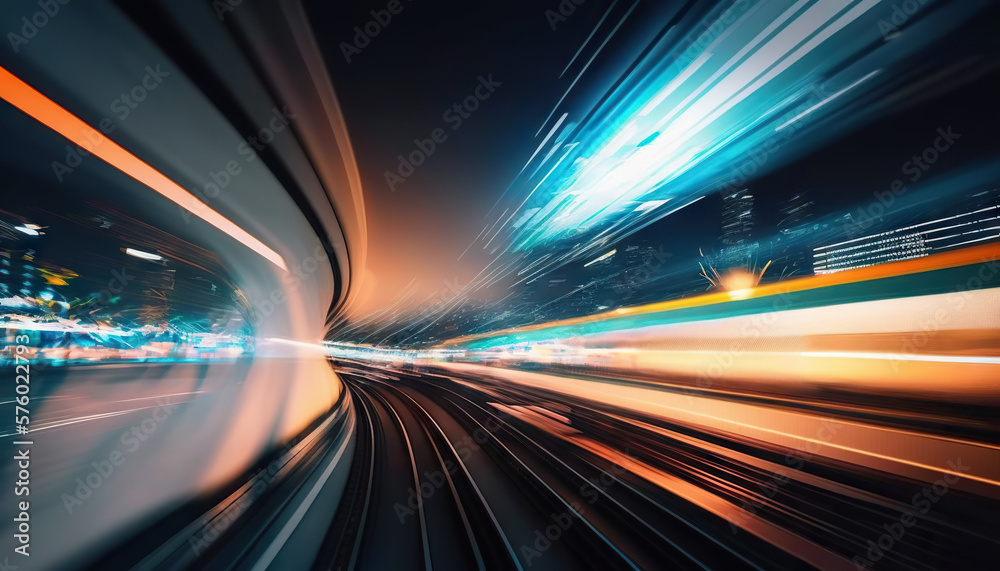 Futuristic high speed blurred light tail at night city. Based on Generative AI Futuristic high speed blurred light tail at night city. Based on Generative AI
