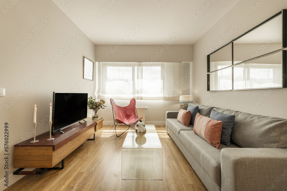 One-story living room furnished with gray three-seater sofa with mirror set, wooden sideboard with tv and window with views