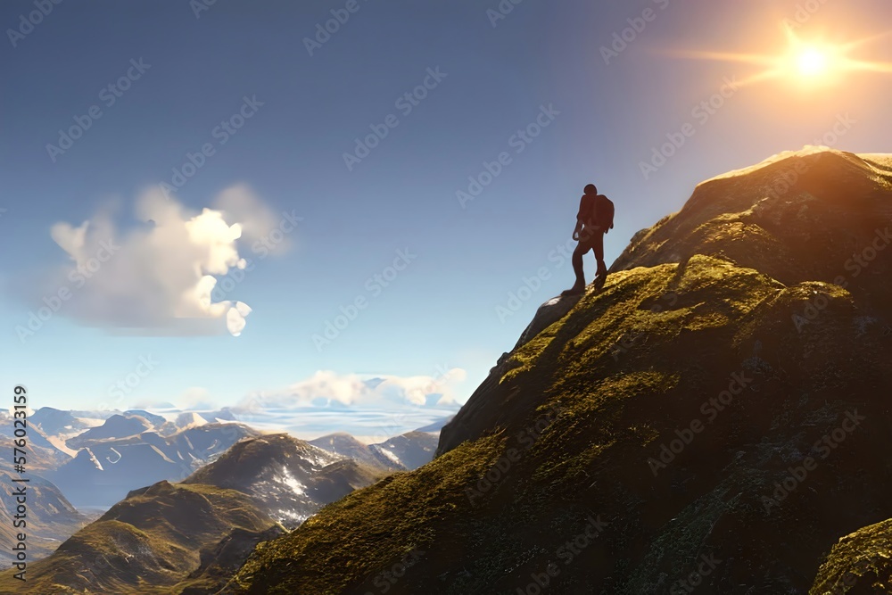 Hiker goes against sky and sun. Hiking concept. Generative AI