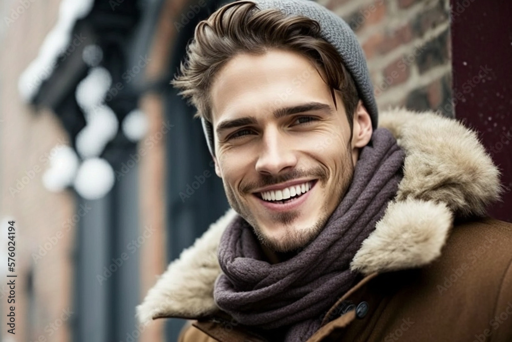 A city winter portrait of a cheerful and attractive male student dressed in warm attire, beaming with joy amidst the autumn foliage, generative ai art A city winter portrait of a cheerful and attractive male student dressed in warm attire, beaming with joy amidst the autumn foliage, generative ai art