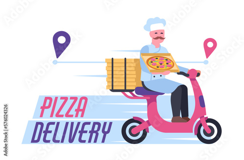 Fast pizza delivery. Chef on scooter brings food to house. Order meal in pizzeria. Delivering service. Courier rides motorbike. Navigation map pins. Snack shipping by moped. Vector concept