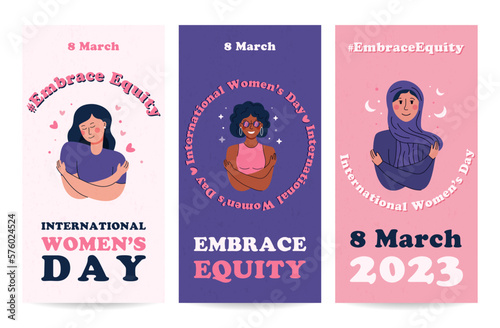 Set of International womens day posters, banners or social media posts concept. Collection of Embrace equity woman illustrations with girl hugging herself.