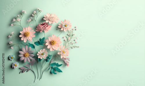 Cute fresh field flowers on pastel background. Flat lay  top view  flowers composition with copy space. Beautiful spring bloomed flowers. 3d render illustration. Generative AI art.