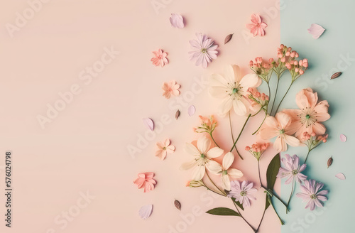 Cute field flowers and petals on pastel background. Flat lay, top view, flowers composition with copy space. Beautiful spring bloomed flowers. 3d render illustration. Generative AI art.