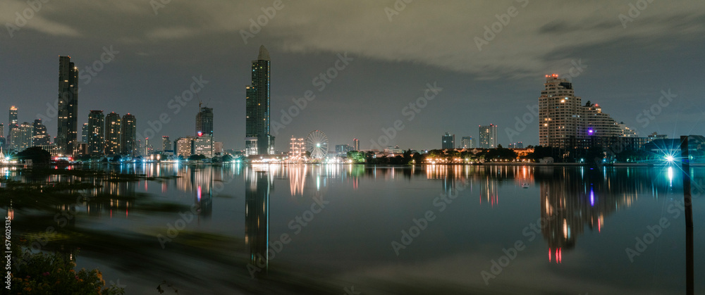 Bangkok's beautiful night view reflected in the river