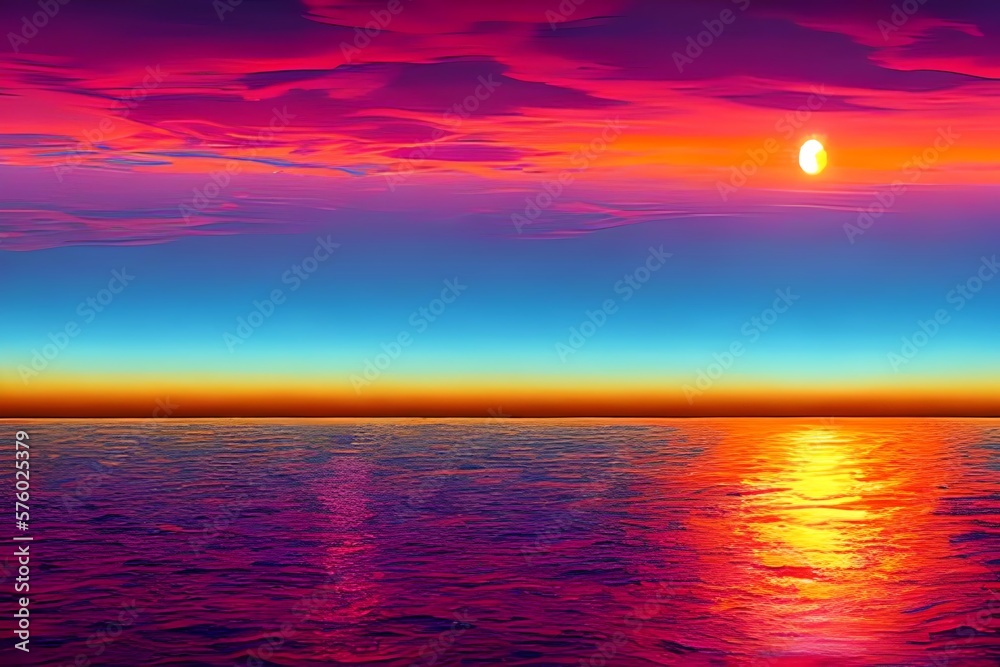 Retro futuristic synthwave style sunset at the beach colorful background with super moon behind it. Suitable for background design, wallpaper, futuristic website, poster, banner. Generative AI