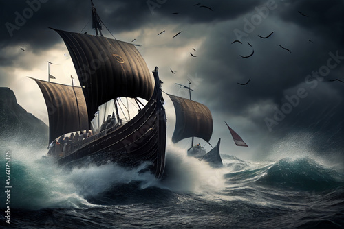sailing Vikings ship in the sea photo