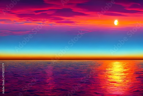 Retro futuristic synthwave style sunset at the beach colorful background with super moon behind it. Suitable for background design, wallpaper, futuristic website, poster, banner. Generative AI