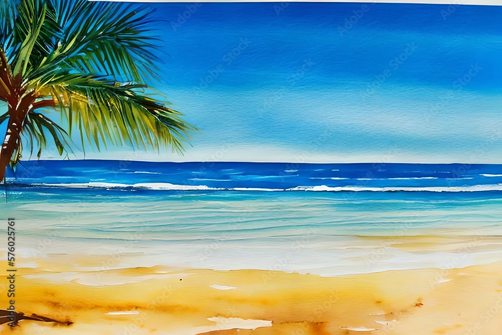 Seascape. Summer tropical beach with golden sand palm branches. Hand drawn horizontal watercolor illustration. Generative AI Seascape. Summer tropical beach with golden sand palm branches. Hand drawn horizontal watercolor illustration. Generative AI