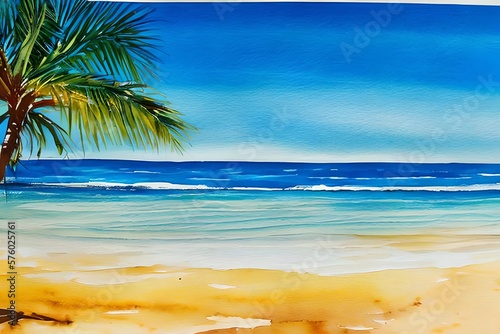 Seascape. Summer tropical beach with golden sand palm branches. Hand drawn horizontal watercolor illustration. Generative AI