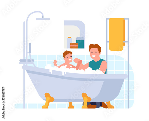 Happy father washes his baby. Body hygiene routine. Family bathing. Home interior. People taking bath. Daddy care. Child in bathtub. Son and dad in bathroom. Parent and boy. Vector concept