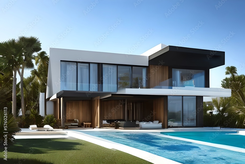 Small luxury modern beach house. Beach house Modern architecture. Villa by the sea. Generative AI