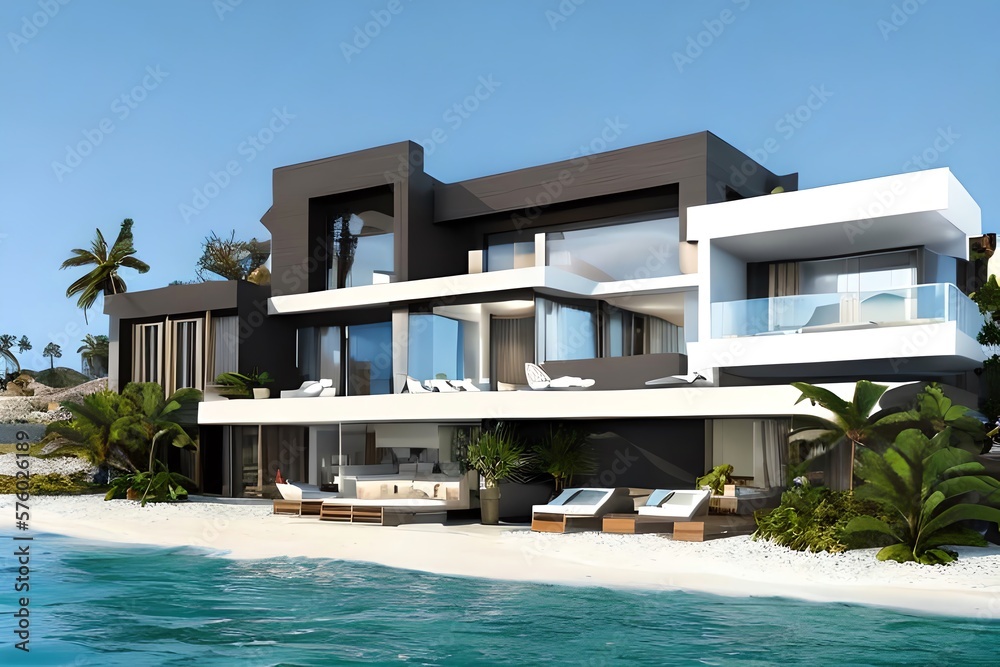 Small luxury modern beach house. Beach house Modern architecture. Villa by the sea. Generative AI
