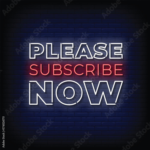 Neon Sign please subscribe now with brick wall background vector