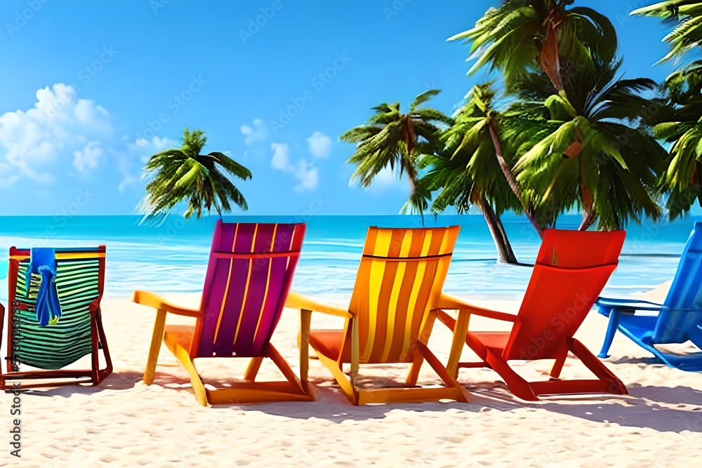 Summer vacation concept, Banner of beach chairs and accessories on the beach,3d illustration. Generative AI