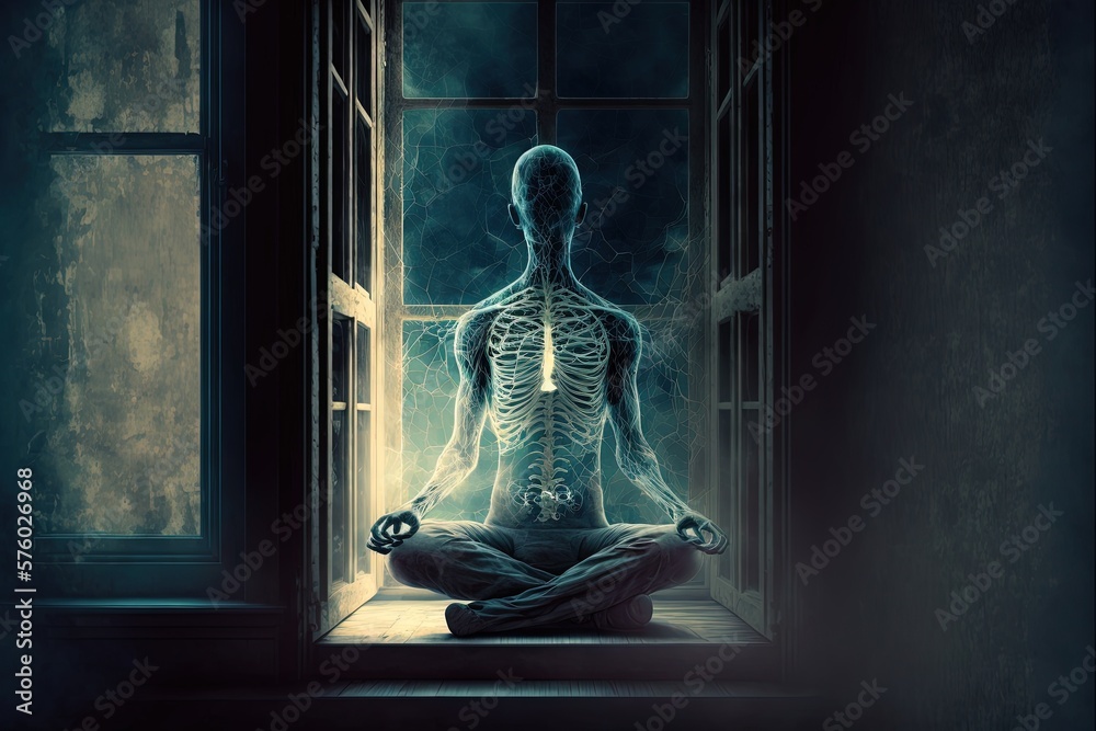 The human body meditates in the lotus position by the window. Self